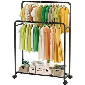 Rolling Clothes Rack Double Rod Garment Rack with Wheels Metal Black